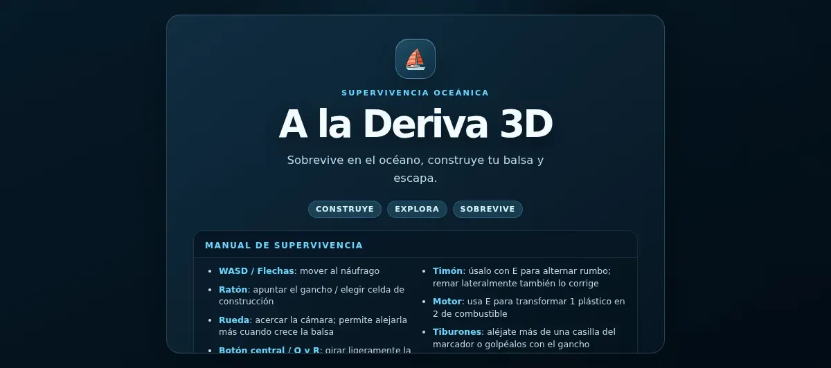 Title screen and survival manual of A la Deriva 3D