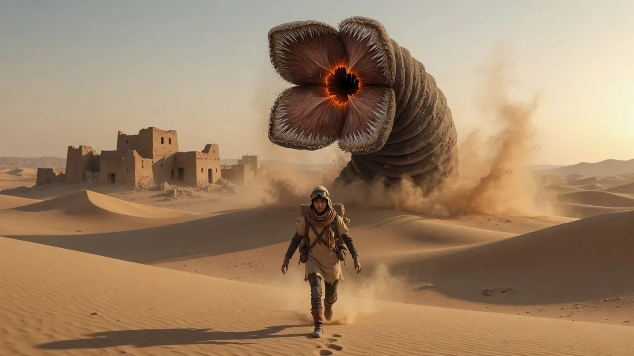 Un viajero huye por las dunas mientras un gusano de arena gigante emerge junto a una aldea