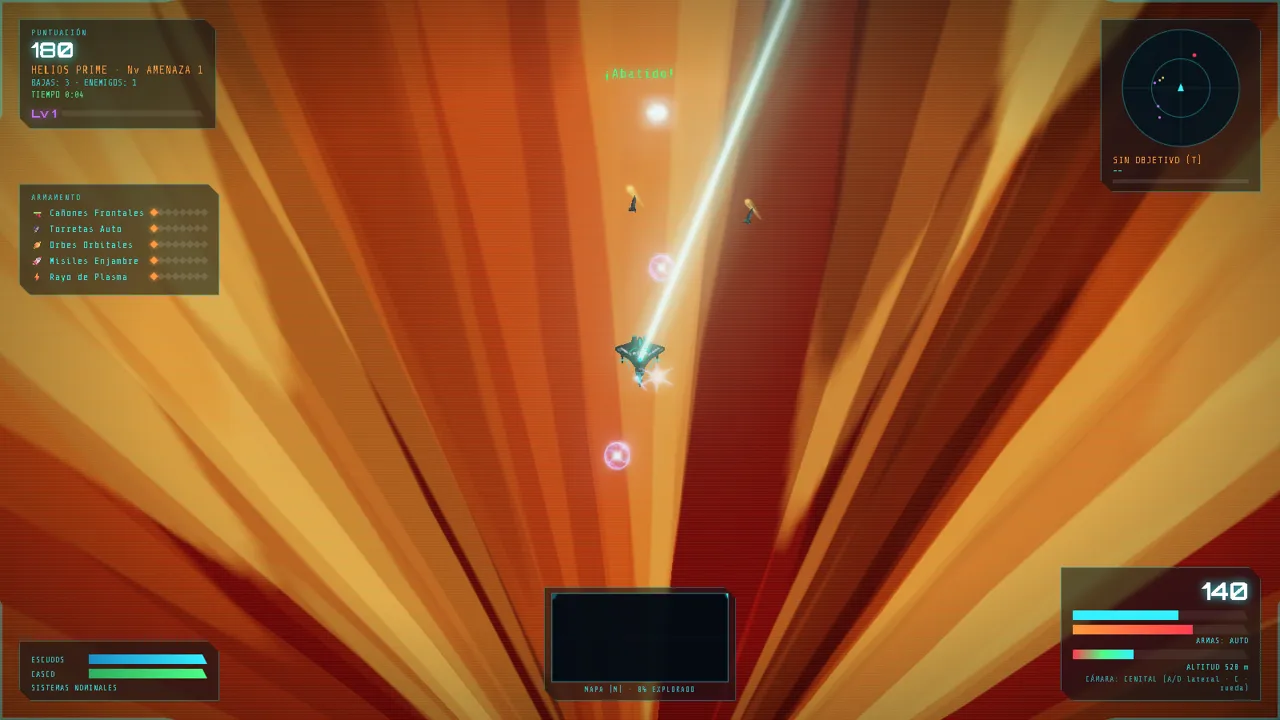 Top-down view of the fighter over a planet with the combat HUD